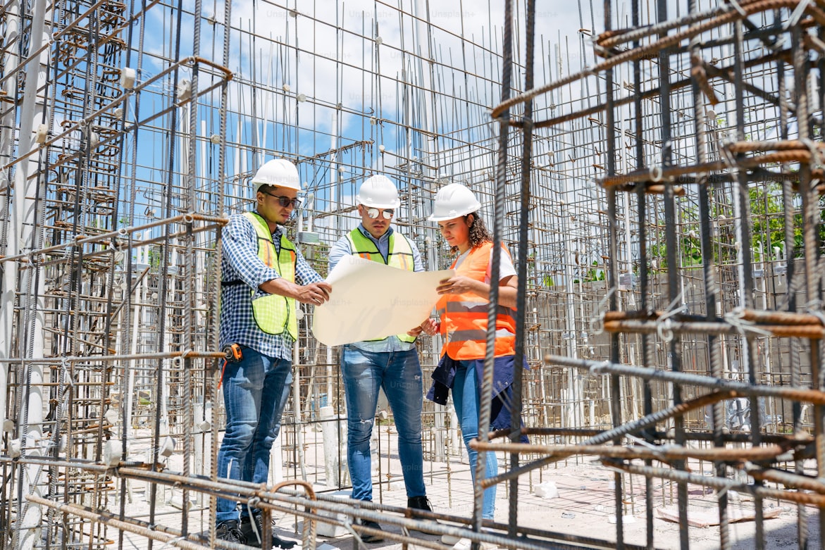 Construction team reviewing blueprints on a reinforced concrete structure.
